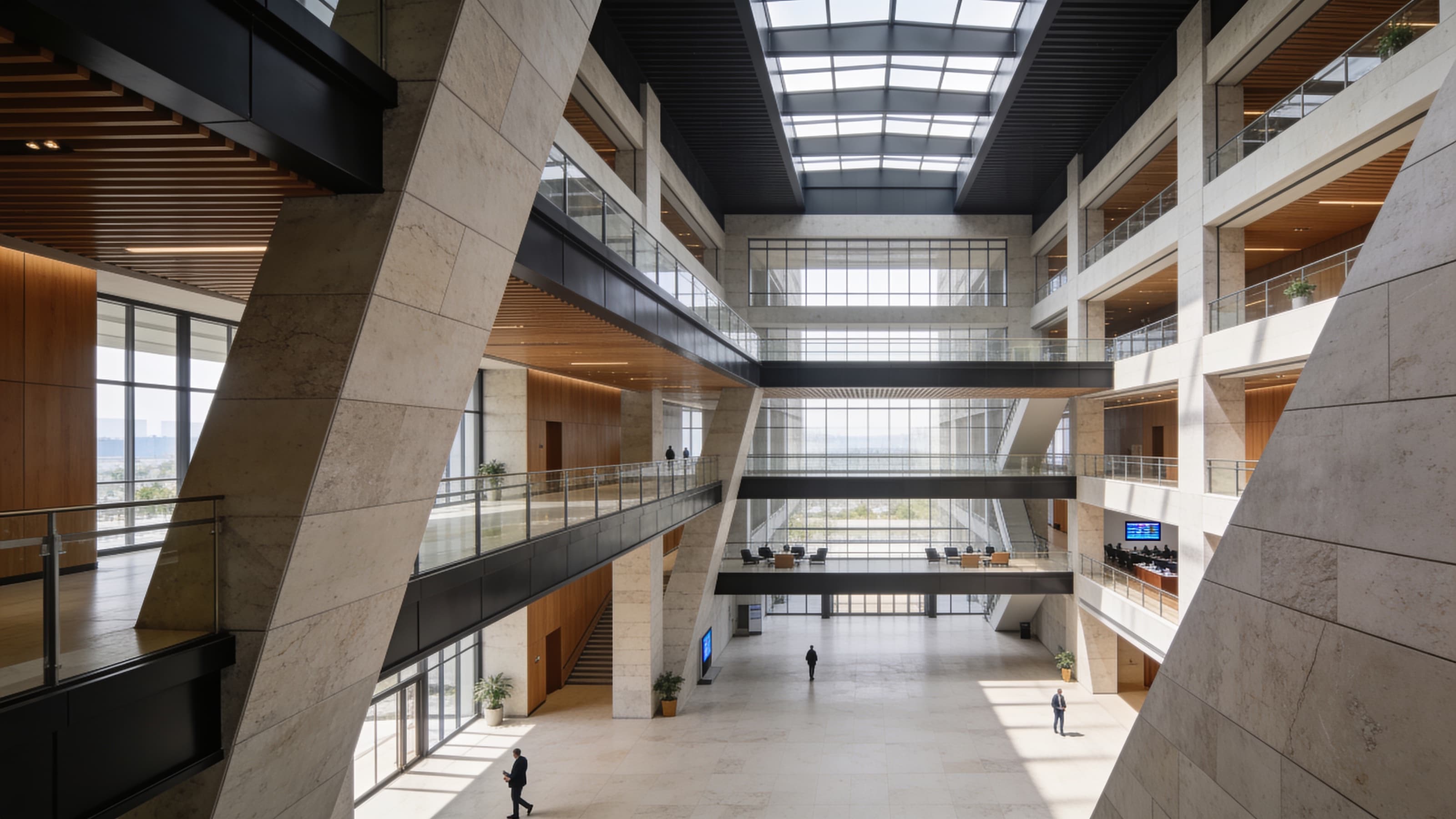 A tall stone atrium under a glazed roof, with figures small against its scale.