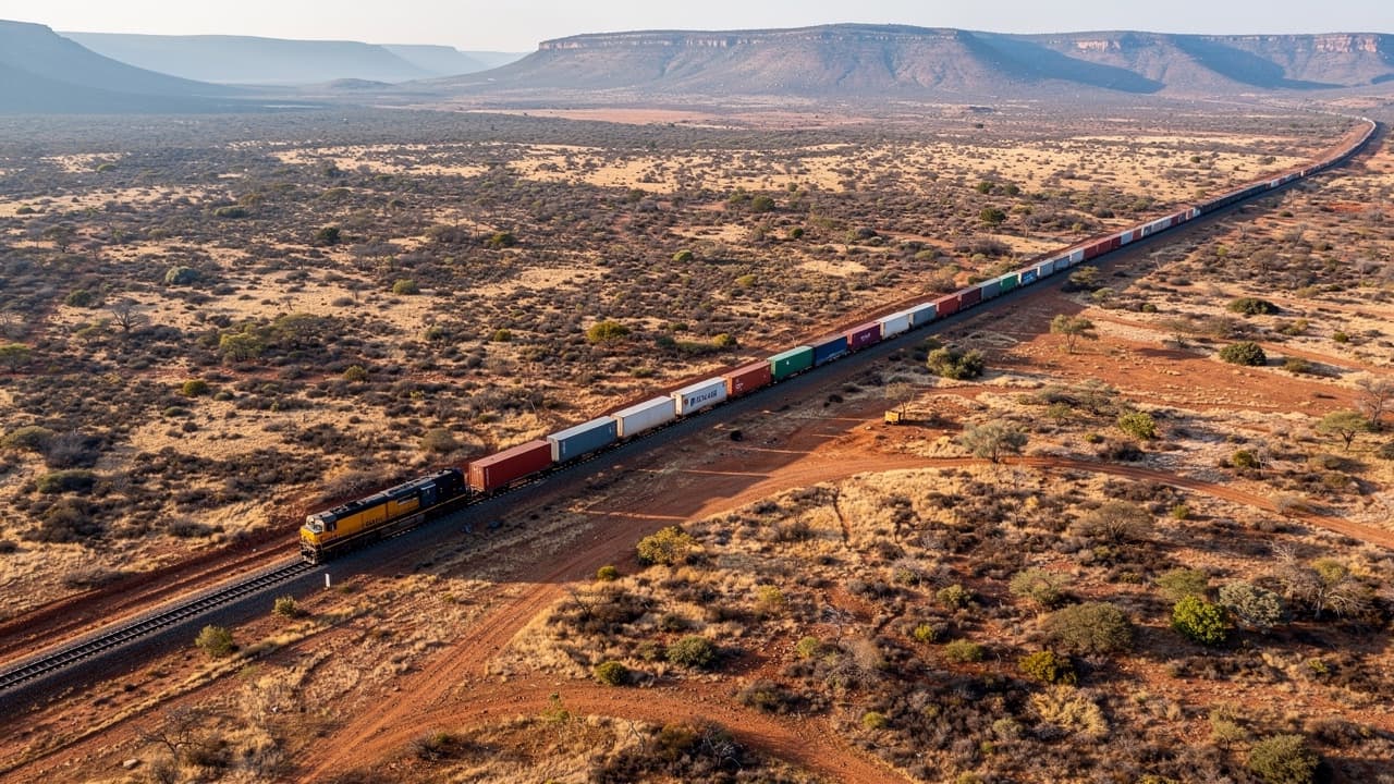 A container freight train crossing open semi-arid country, seen from the air.