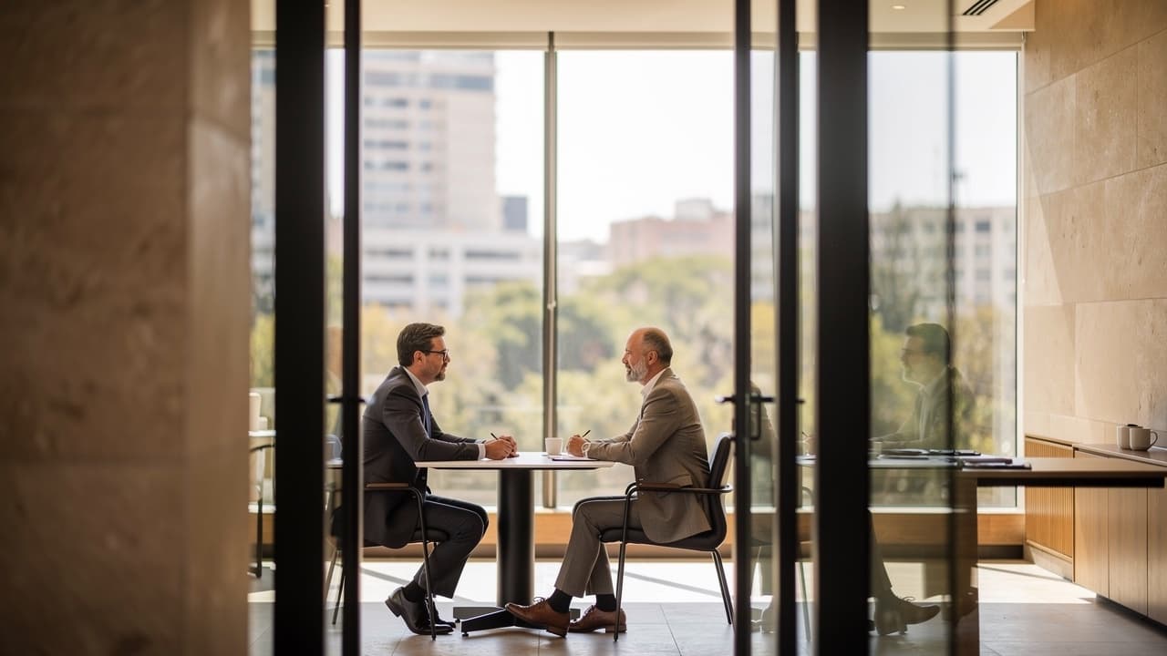 Two people in conversation across a table, seen through a doorway in daylight.