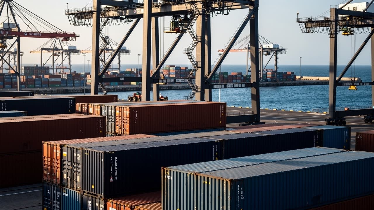 Stacked shipping containers at a terminal, with the sea beyond in low sunlight.